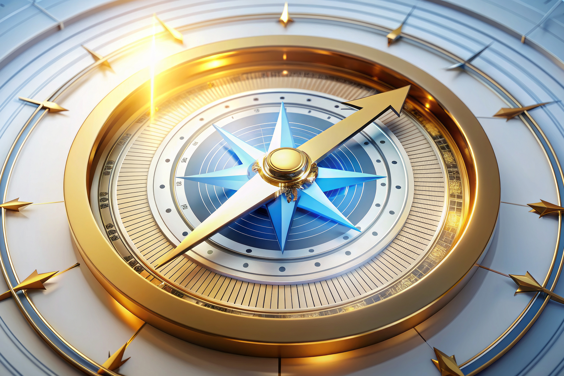 Golden compass with glowing blue arrow surrounded by circle and